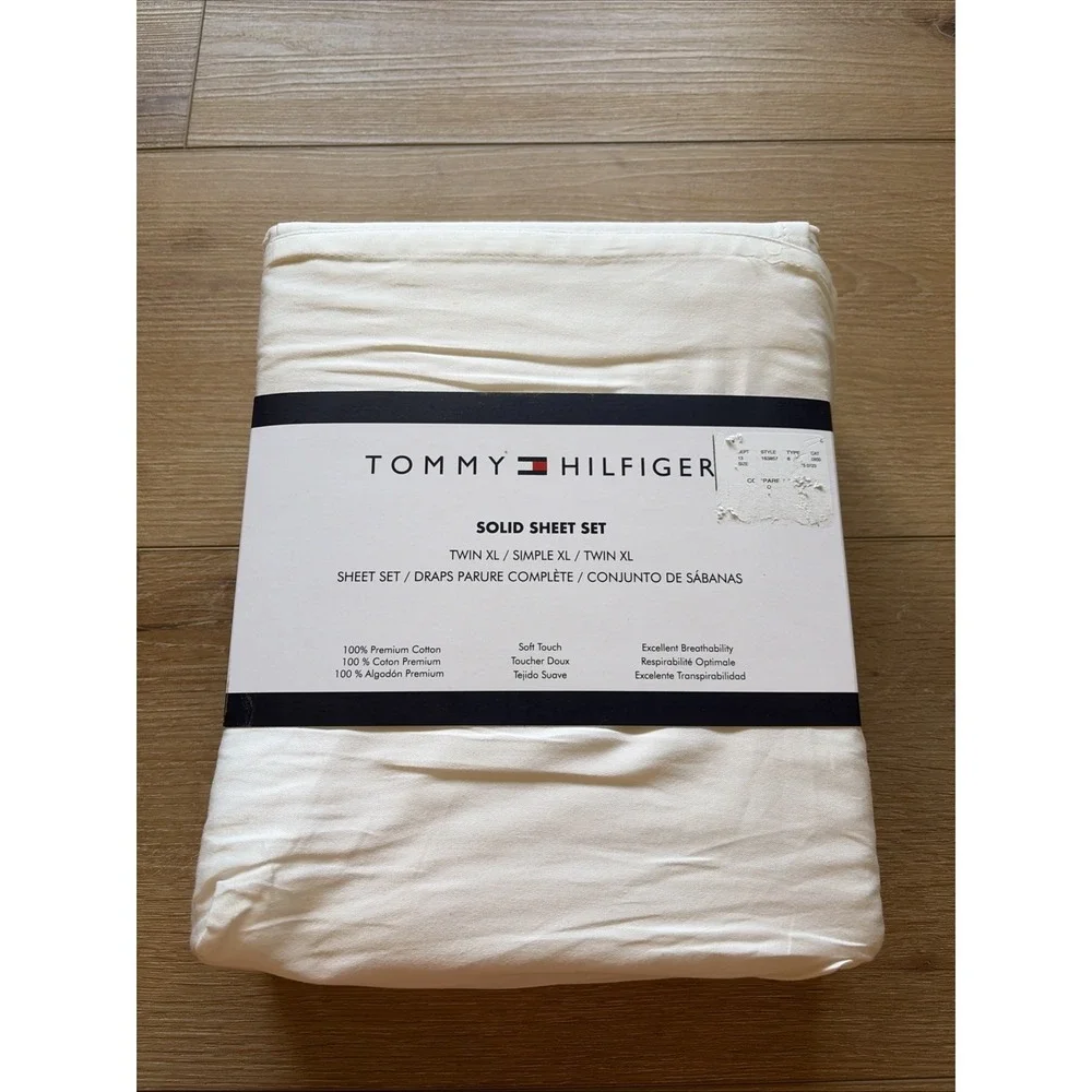 TOMMY HILFIGER Twin XL Size Sheet Set White NEW 100% Cotton 12 In Depth